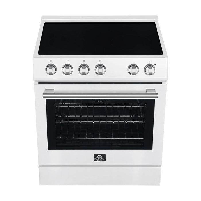 Forno Espresso Package - 30" Electric Range, Range Hood and Refrigerator in White with Silver Handles, AP-FFSEL6012-30WHT-S-3P-36R
