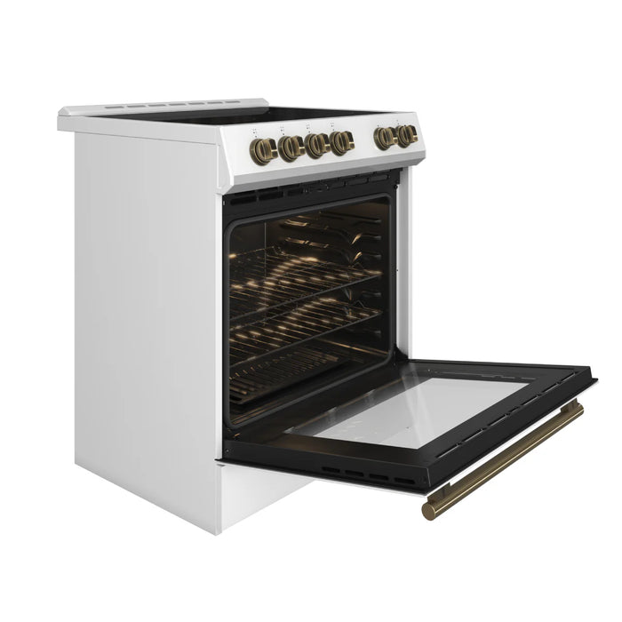 Forno Espresso Package - 30" Electric Range, Range Hood, Refrigerator and Dishwasher in White with Antique Brass Handles, AP-FFSEL6012-30WHT-A-4P-36R