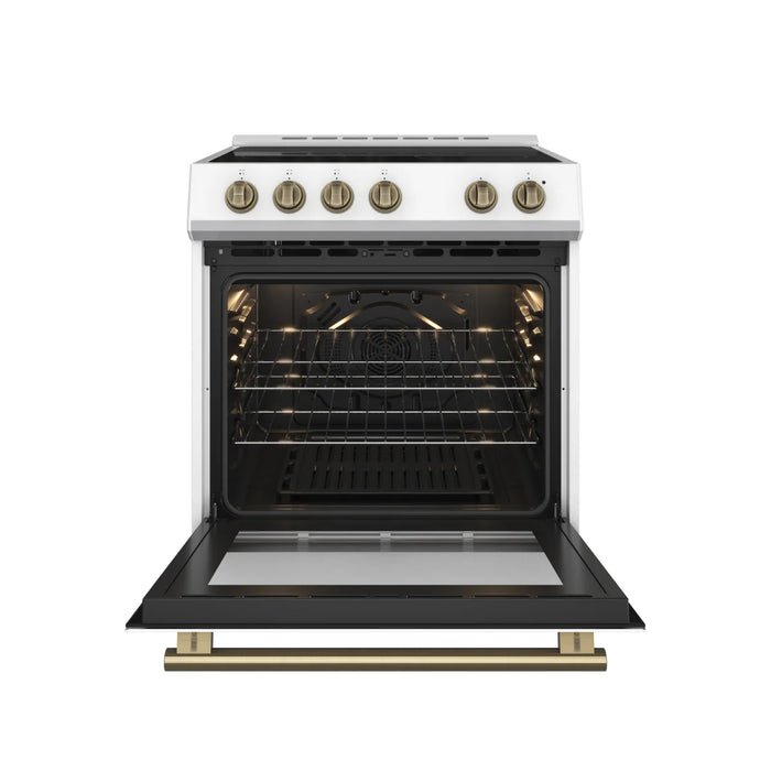 Forno Espresso Package - 30" Electric Range and Range Hood in White with Antique Brass Handles, FBDL-002-03US