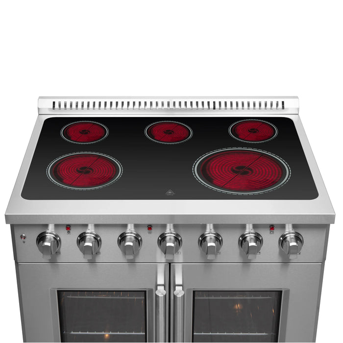 Forno Package - 36" Electric French Door Range, Wall Mount Range Hood, Refrigerator and Dishwasher, AP-FFSEL6917-36-4PK-1