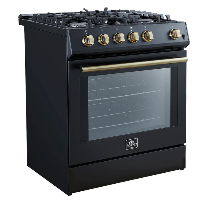 Forno Espresso Package - 30" Gas Range, Range Hood, 36" Refrigerator with Ice Maker and Dishwasher in Black with Antique Brass Accents, AP-FFSGS1116-30BLK-A-3