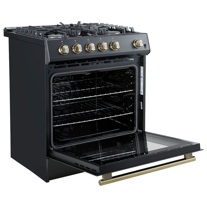 Forno Espresso Package - 30" Gas Range, Range Hood, 36" Refrigerator with Ice Maker and Dishwasher in Black with Antique Brass Accents, AP-FFSGS1116-30BLK-A-3
