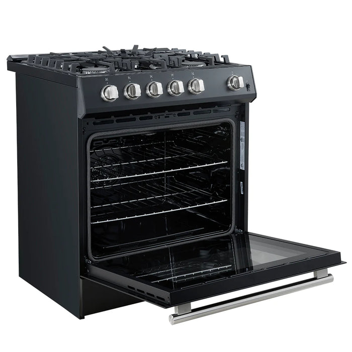 Forno Espresso Package - 30" Gas Range, 36" Refrigerator with Ice Maker, Dishwasher and 24" Microwave Drawer in Black with Silver Accents, AP-FFSGS1116-30BLK-S-5
