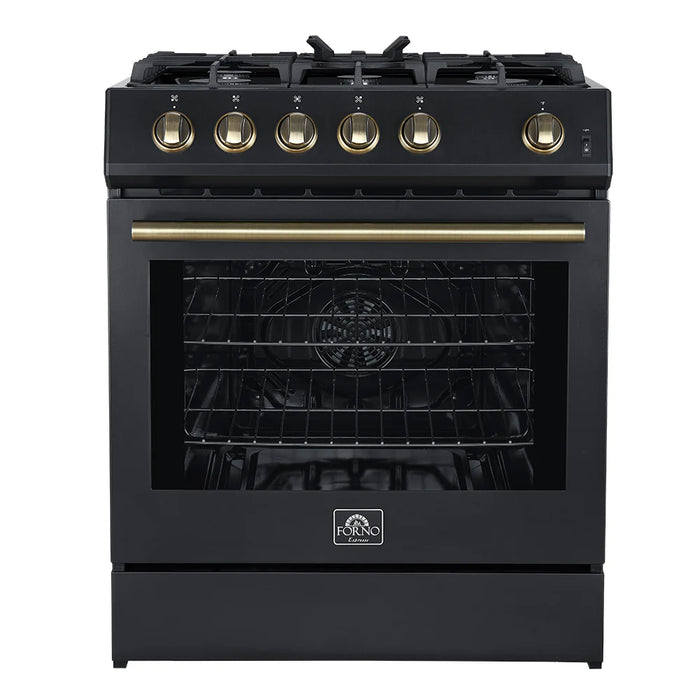 Forno Espresso Package - 30" Gas Range, 36" Refrigerator with Water and Ice Dispenser and Dishwasher in Black with Antique Brass Accents, AP-FFSGS1116-30BLK-A-4