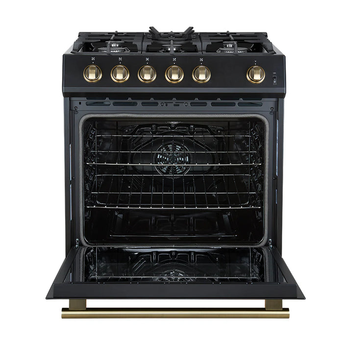 Forno Espresso Package - 30" Gas Range, 36" Refrigerator with Water and Ice Dispenser and Dishwasher in Black with Antique Brass Accents, AP-FFSGS1116-30BLK-A-4