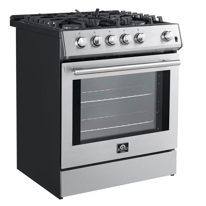 Forno Espresso Package - 30" Gas Range, 36" Refrigerator with Ice Maker, Dishwasher and 24" Microwave Oven in Stainless Steel, AP-FFSGS1116-30-6