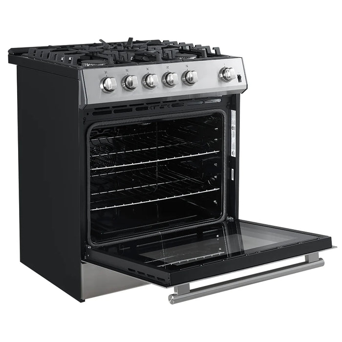 Forno Espresso Package - 30" Gas Range, Range Hood, 36" Refrigerator with Ice Maker and Dishwasher in Stainless Steel, AP-FFSGS1116-30-3