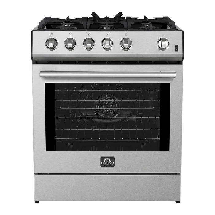 Forno Espresso Package - 30" Gas Range, Range Hood, 36" Refrigerator with Ice Maker and Dishwasher in Stainless Steel, AP-FFSGS1116-30-3