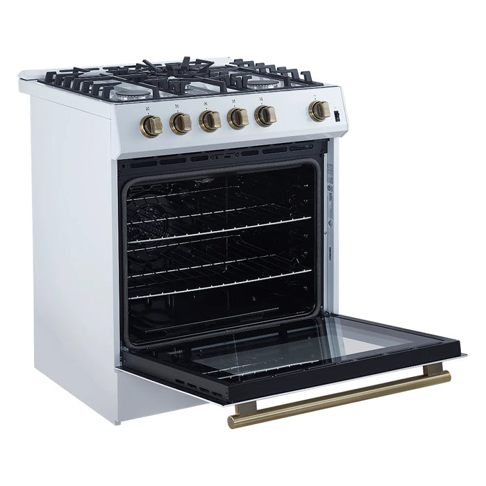 Forno Espresso Package - 30" Gas Range, Range Hood, 36" Refrigerator with Ice Maker and Dishwasher in White with Antique Brass Accents, AP-FFSGS1116-30WHT-A-3