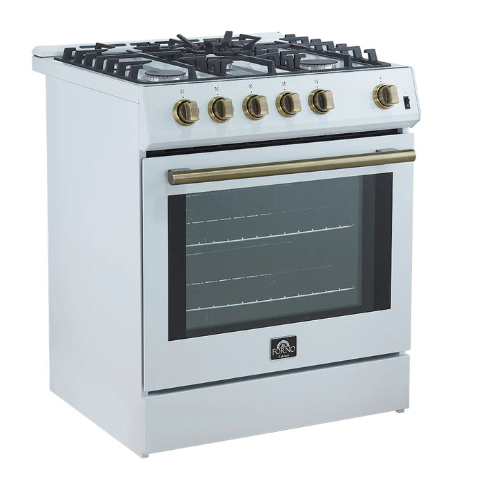 Forno Espresso Package - 30" Gas Range, Refrigerator and Dishwasher in White with Antique Brass Handles, AP-FFSGS1116-30WHT-A-A12-D