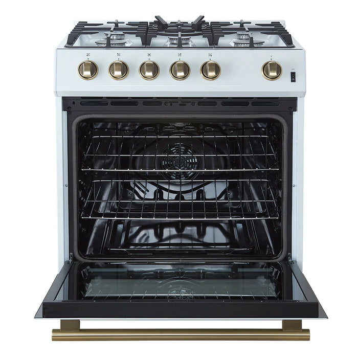 Forno Espresso Package - 30" Gas Range, Range Hood, 36" Refrigerator with Ice Maker and Dishwasher in White with Antique Brass Accents, AP-FFSGS1116-30WHT-A-3