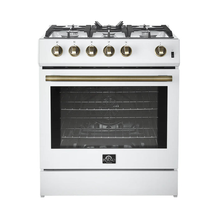 Forno Espresso Package - 30" Gas Range, 36" Refrigerator with Ice Maker, Dishwasher and 24" Microwave Drawer in White with Antique Brass Accents, AP-FFSGS1116-30WHT-A-5