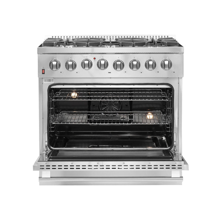 Forno Appliance Package- 36 Inch Dual Fuel Range, Wall Mount Range Hood, AP-FFSGS6156-36
