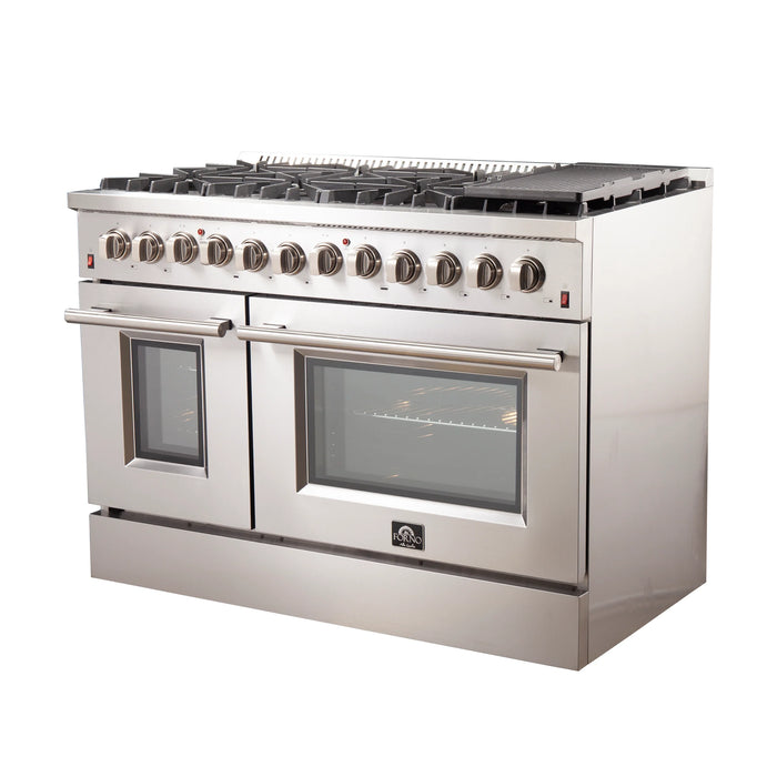 Forno Appliance Package - 48 Inch Dual Fuel Range, Wall Mount Range Hood, Microwave Drawer, Dishwasher, AP-FFSGS6156-48-6