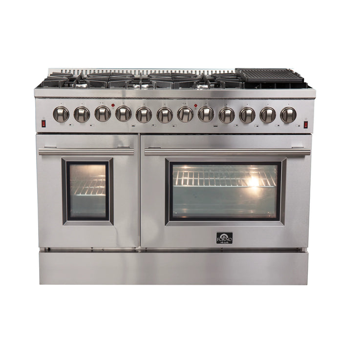 Forno Package - 48 Inch Dual Fuel Range, Wall Mount Range Hood, Refrigerator, Microwave Drawer, Dishwasher, AP-FFSGS6156-48-8