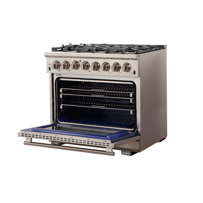 Forno Package - 36" Dual Fuel Range, Range Hood, Refrigerator, Microwave, Dishwasher, AP-FFSGS6187-36-W-8