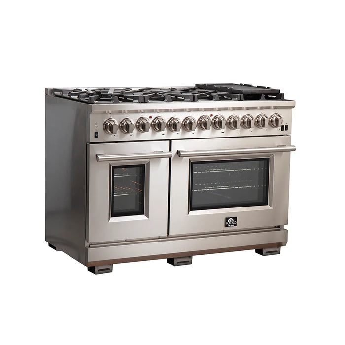 Forno Package - 48" Dual Fuel Range, Wall Mount Range Hood, Refrigerator, Microwave, Dishwasher, AP-FFSGS6187-48-8