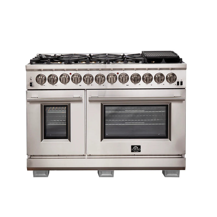 Forno Appliance Package - 48 Inch Gas Burner/Electric Oven Pro Range, Wall Mount Range Hood, Refrigerator, AP-FFSGS6187-48-4