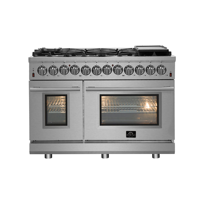 Forno Appliance Package - 48" Gas Range, Range Hood, 60" Refrigerator, Dishwasher, Microwave Drawer, Wine Cooler, AP-FFSGS6239-48-9