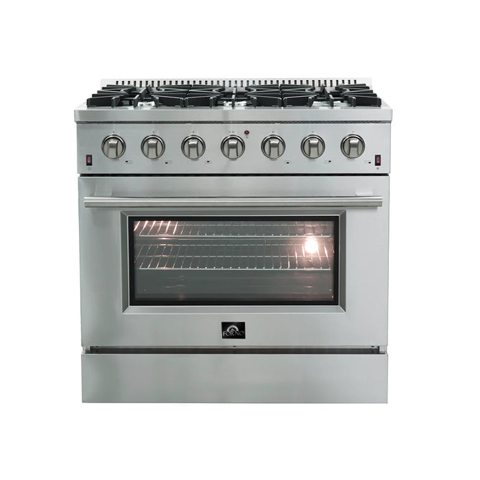 Forno Package - 36 Inch Gas Range, Wall Mount Range Hood, Refrigerator, Microwave Drawer, Dishwasher, AP-FFSGS6244-36-8