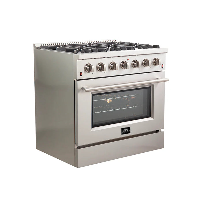 Forno Appliance Package- 36 Inch Gas Range, Wall Mount Range Hood, AP-FFSGS6244-36-W