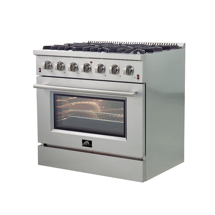Forno Package - 36 Inch Gas Range, Wall Mount Range Hood, Refrigerator, Microwave Drawer, Dishwasher, AP-FFSGS6244-36-W-8