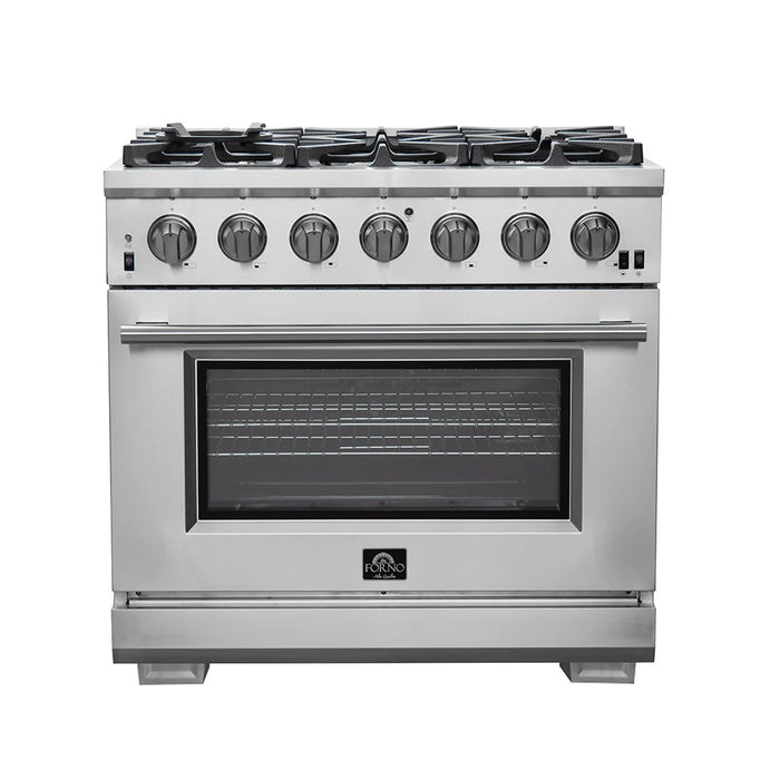 Forno Package - 36 Inch Pro Gas Range, Wall Mount Range Hood, Refrigerator, Microwave Drawer, Dishwasher, AP-FFSGS6260-36-W-8