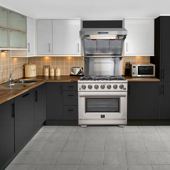 Forno Appliance Package - 36 Inch Pro Gas Range, Wall Mount Range Hood, Refrigerator, AP-FFSGS6260-36-W-4
