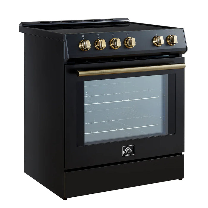 Forno Espresso Package - 30" Induction Range, Range Hood, 36" Refrigerator with Ice Maker and Dishwasher in Black with Antique Brass Handles, AP-4-0982BLK-1