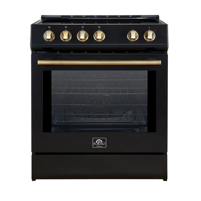 Forno Espresso Package - 30" Induction Range, Range Hood, 36" Refrigerator with Ice Maker and Dishwasher in Black with Antique Brass Handles, AP-4-0982BLK-1