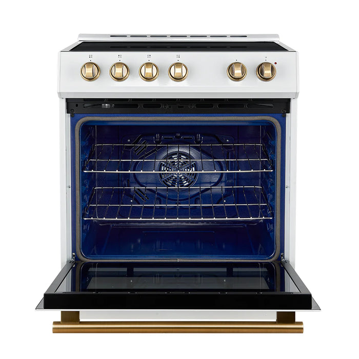 Forno Espresso Package - 30" Induction Range, Refrigerator and Dishwasher in White with Antique Brass Handles, AP-FFSIN0982-30WHT-A-A12-D