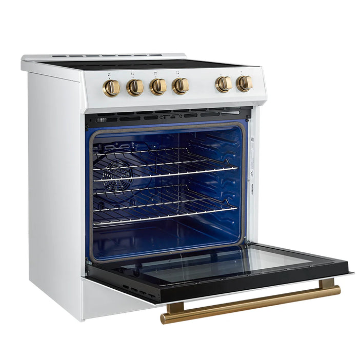 Forno Espresso Package - 30" Induction Range, Refrigerator and Dishwasher in White with Antique Brass Handles, AP-FFSIN0982-30WHT-A-A12-D
