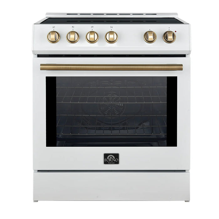 Forno Espresso Package - 30" Induction Range, Refrigerator and Dishwasher in White with Antique Brass Handles, AP-FFSIN0982-30WHT-A-A12-D