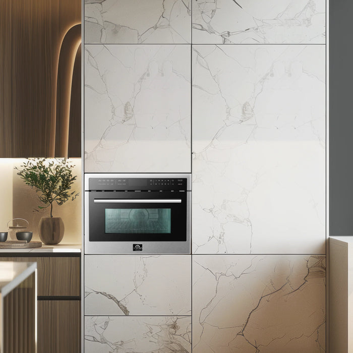 Forno Package - 36" Electric French Door Range, Wall Mount Range Hood, Refrigerator, Dishwasher, Microwave and Wine Cooler, AP-FFSEL6917-36-6PK-1