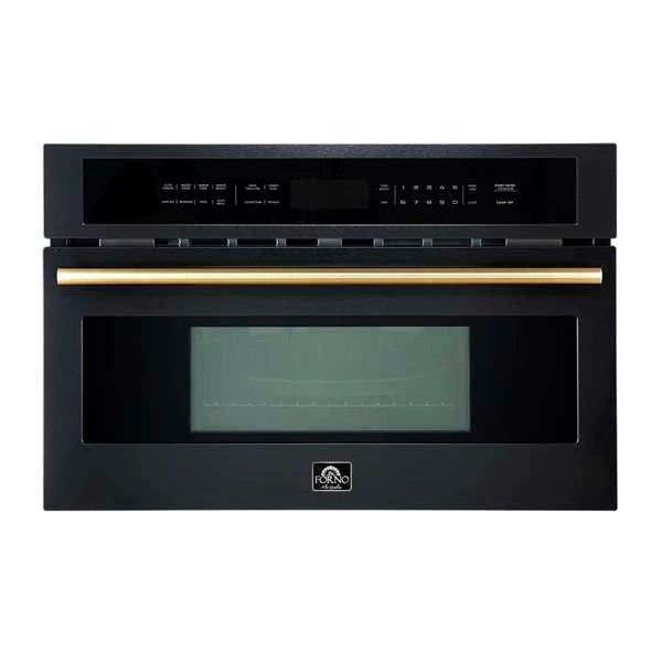 FORNO Espresso Oliena 30" 1.6 cu. ft. Built-In Microwave Oven in Black with Antique Brass Handles, FMWDR3093-30BLK