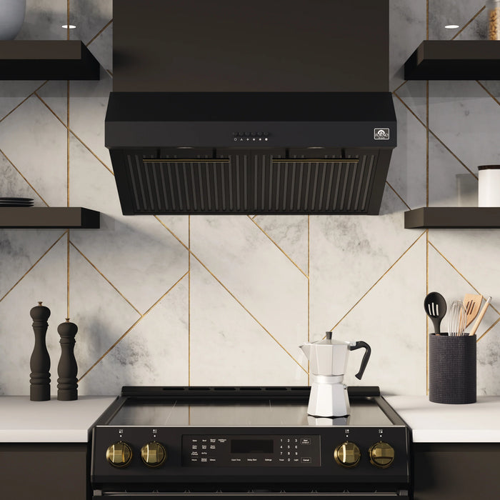 Forno Espresso Package - 30" Electric Range, Range Hood and Refrigerator in Black with Antique Brass Handles, FBDL-001-02US