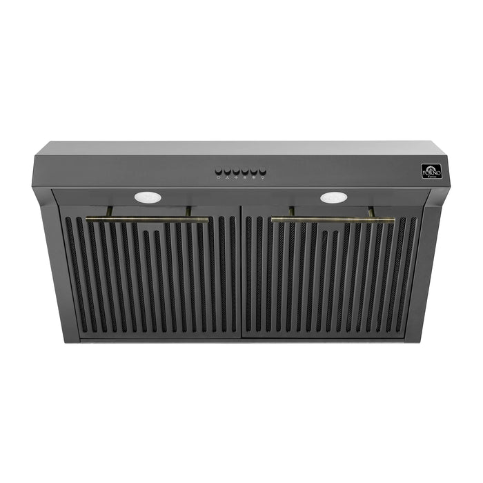Forno Espresso Package - 30" Electric Range, Range Hood and Dishwasher in Black with Antique Brass Handles, AP-FFSEL6012-30BLK-A-A2-D