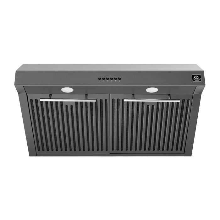 Forno Espresso Package - 30" Electric Range, Range Hood and Refrigerator in Black with Silver Handles, AP-FFSEL6012-30BLK-S-3P-36R