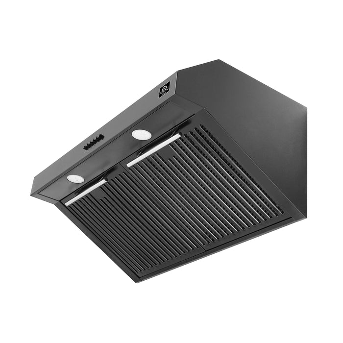 Forno Espresso Package - 30" Electric Range, Range Hood, Refrigerator and Dishwasher in Black with Silver Handles, AP-FFSEL6012-30BLK-S-A7-D