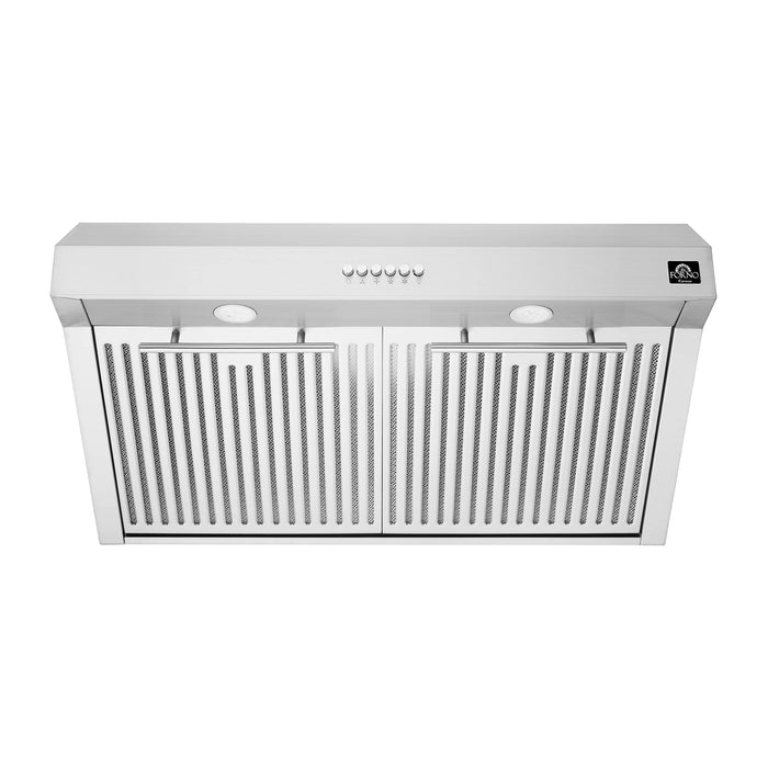 Forno Espresso Package - 30" Electric Range, Range Hood, Refrigerator and Dishwasher in Stainless Steel with Silver Handles, AP-FFSEL6012-30-S-A4-D