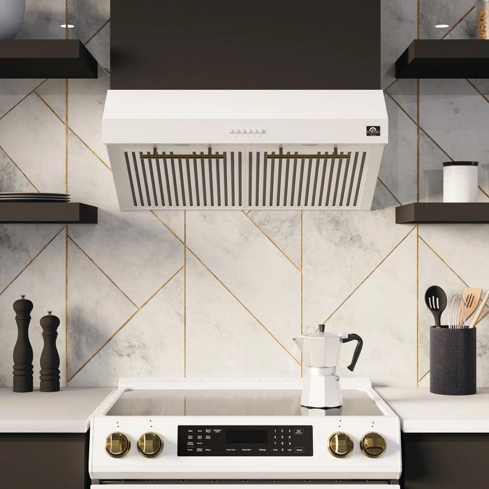 Forno Espresso Package - 30" Electric Range, Range Hood and Refrigerator in White with Antique Brass Handles, AP-FFSEL6012-30WHT-A-A8