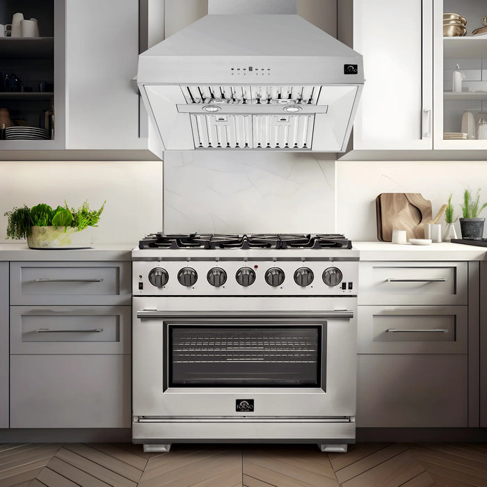 Forno Appliance Package - 36 Inch Pro Gas Range, Wall Mount Range Hood, Microwave Drawer, Dishwasher, AP-FFSGS6260-36-W-6