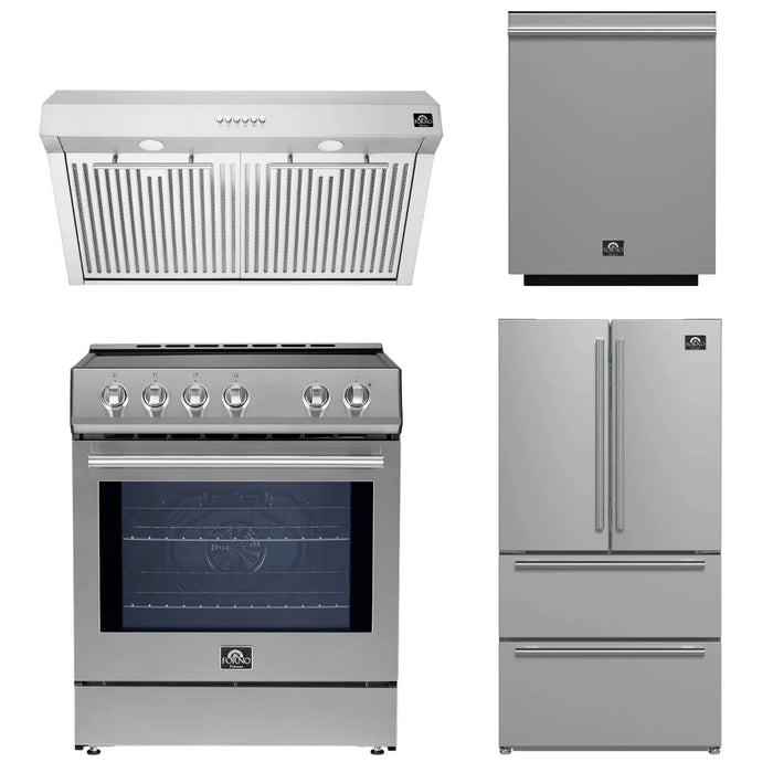 Forno Espresso Package - 30" Induction Range, Range Hood, 36" Refrigerator with Ice Maker and Dishwasher in Stainless Steel, AP-4-0982SS-1
