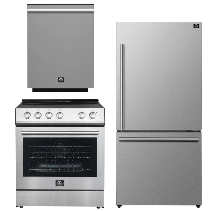 Forno Espresso Package - 30" Electric Range, Refrigerator and Dishwasher in Stainless Steel with Silver Handles, AP-FFSEL6012-30-S-A10-D
