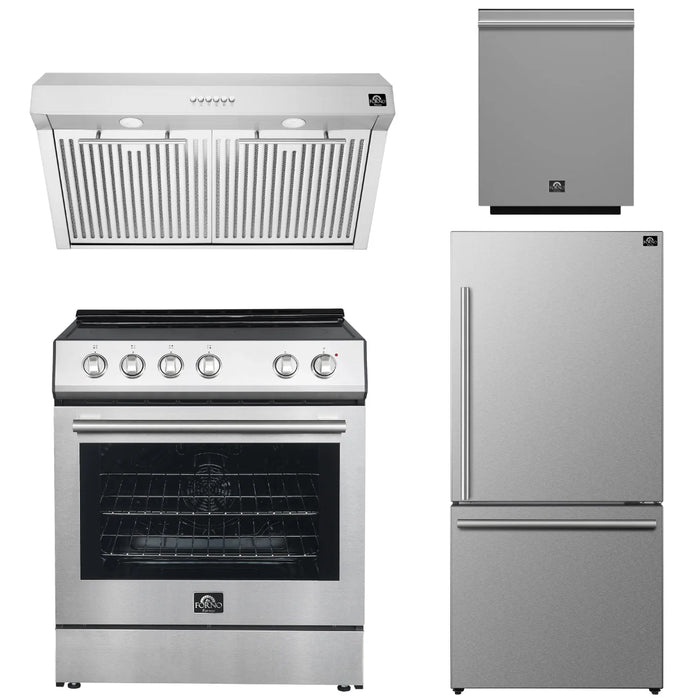 Forno Espresso Package - 30" Electric Range, Range Hood, Refrigerator and Dishwasher in Stainless Steel with Silver Handles, AP-FFSEL6012-30-S-A4-D