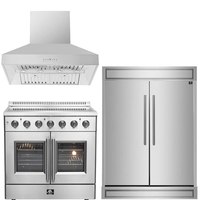 Forno Package - 36" Electric French Door Range, Wall Mount Range Hood and Refrigerator, AP-FFSEL6917-36-3PK-1