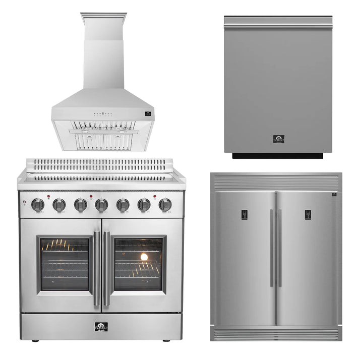 Forno Package - 36" Electric French Door Range, Wall Mount Range Hood, Refrigerator and Dishwasher, AP-FFSEL6917-36-4PK-1