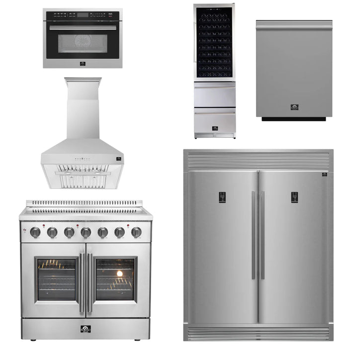 Forno Package - 36" Electric French Door Range, Wall Mount Range Hood, Refrigerator, Dishwasher, Microwave and Wine Cooler, AP-FFSEL6917-36-6PK-1