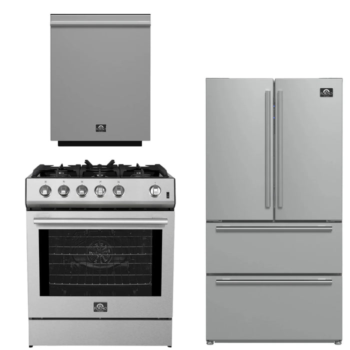 Forno Espresso Package - 30" Gas Range, 36" Refrigerator with Ice Maker and Dishwasher in Stainless Steel, AP-FFSGS1116-30-1