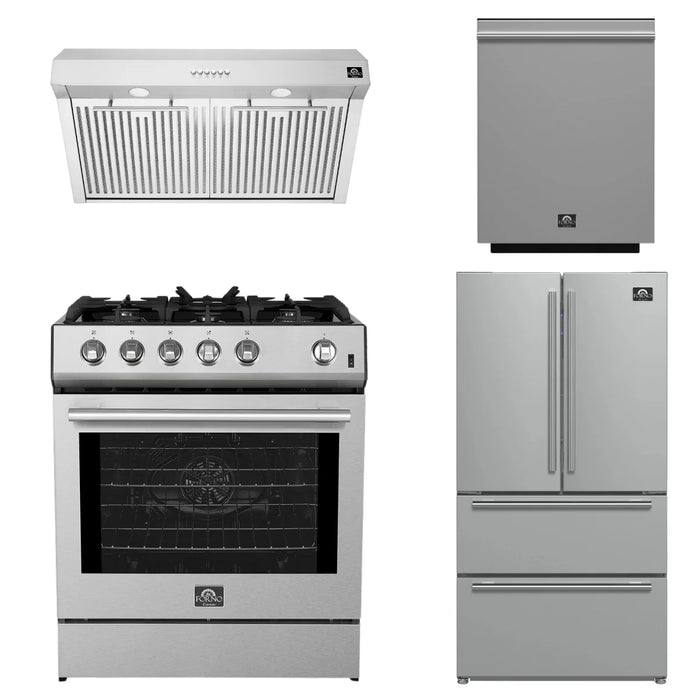 Forno Espresso Package - 30" Gas Range, Range Hood, 36" Refrigerator with Ice Maker and Dishwasher in Stainless Steel, AP-FFSGS1116-30-3